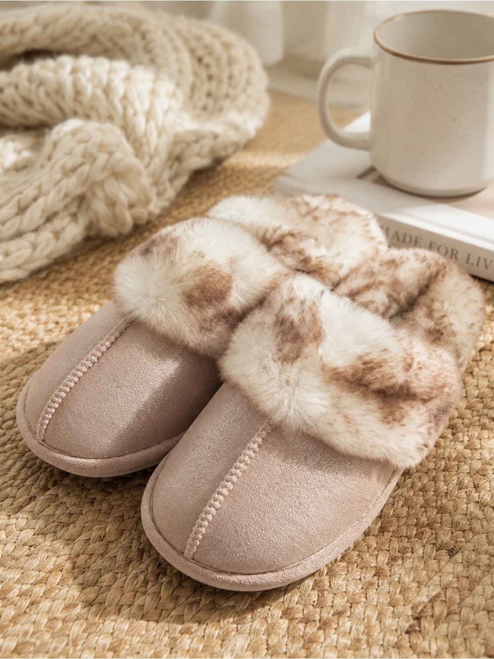 Jessica Simpson Women’s Micro-Suede Faux Fur Scuff Slippers Light Pink Memory Fo